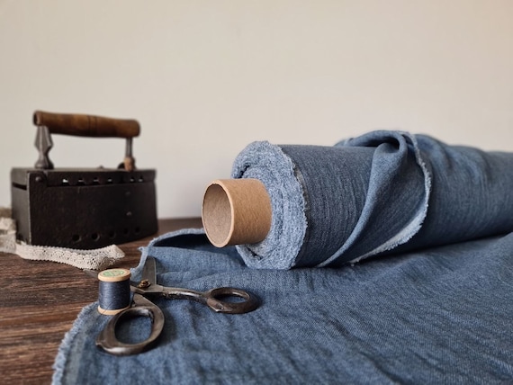 Silver blue linen fabric with wool, Fabric by the yard or meter, washed linen fabric