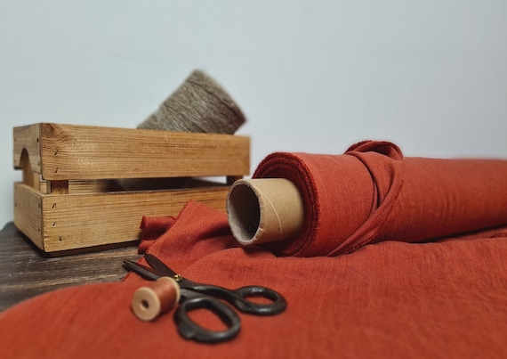 Linen fabric orange red, Linen fabric by the yard or meter, Softened dyed flax fabric