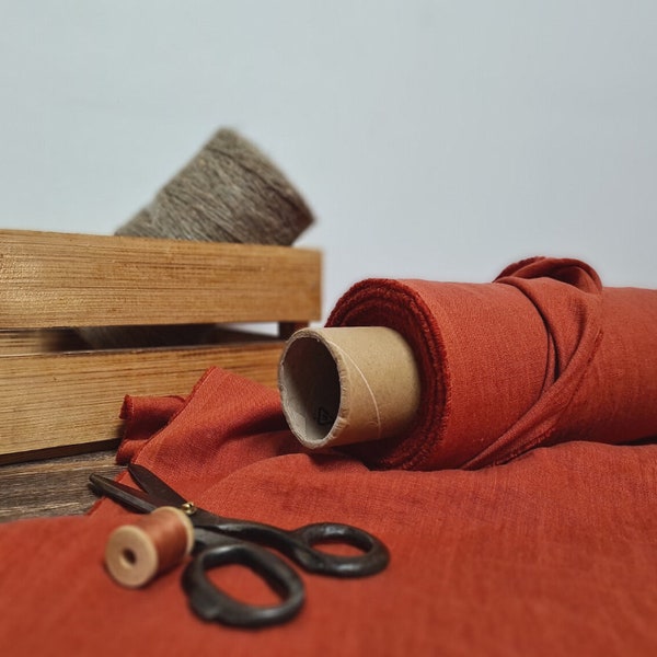 Linen fabric orange red, Linen fabric by the yard or meter, Softened dyed flax fabric