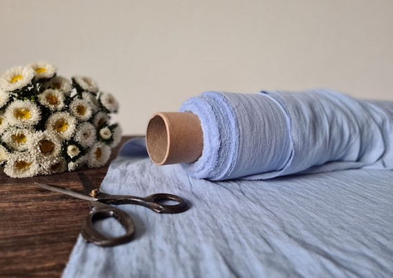 Powder blue linen fabric, Washed softened flax fabrics, Fabric by the yard or meter