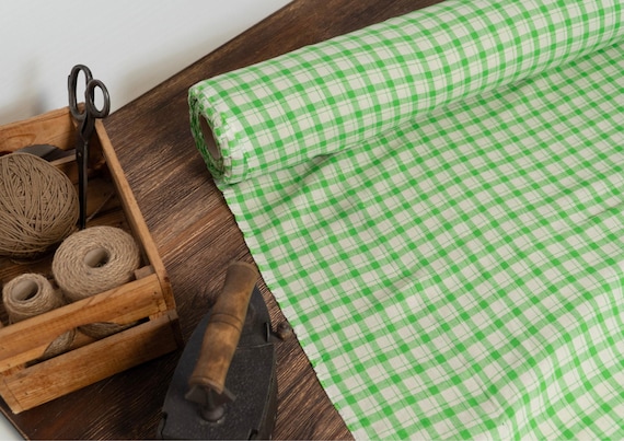 Linen fabric green with white  checks, Linen fabric checked by the yard or meter, Washed flax for sewing