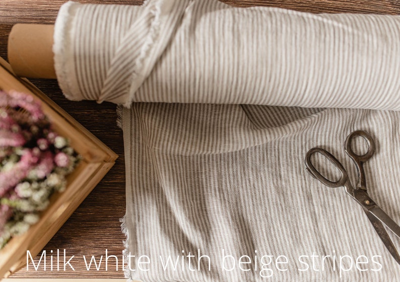 Tejido de lino blanco leche con rayas beige, Tejido ligero de lino natural cortado a medida, Lino orgánico lavado White with beige