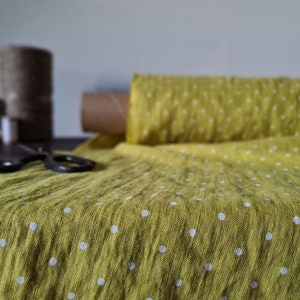Linen fabric lemon yellow with white dots, Fabric by the yard or meter, Softened washed linen fabric