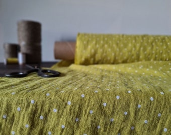 Linen fabric lemon yellow with white dots, Fabric by the yard or meter, Softened washed linen fabric