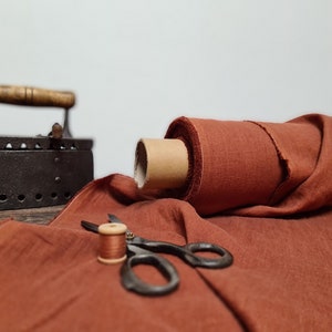 Rust orange linen fabric, Brick brown linen fabric by the yard or meter, Softened flax fabric