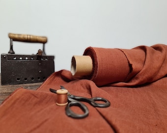 Rust orange linen fabric, Brick brown linen fabric by the yard or meter, Softened flax fabric