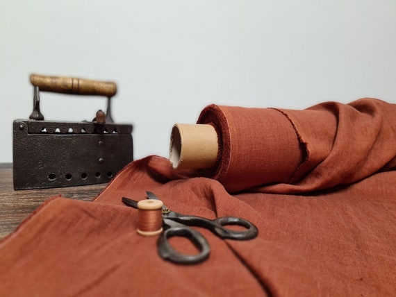 Rust orange linen fabric, Brick brown linen fabric by the yard or meter, Softened flax fabric