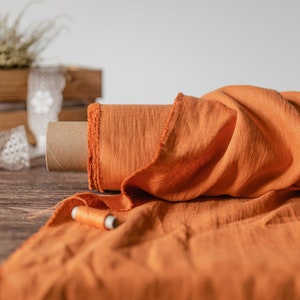Pumpkin orange linen fabric, Fabric by the yard, Washed flax fabric