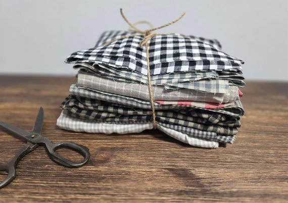 Linen Fabric Remnants checked mix – Assorted Sizes & Colors – Natural 100% Linen Leftovers