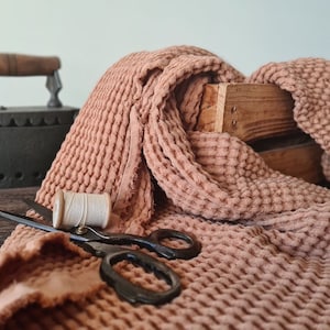 Waffle linen fabric clay brown, Fabric by the yard or meter, Washed softened flax cotton fabric