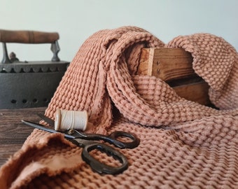 Waffle linen fabric clay brown, Fabric by the yard or meter, Washed softened flax cotton fabric