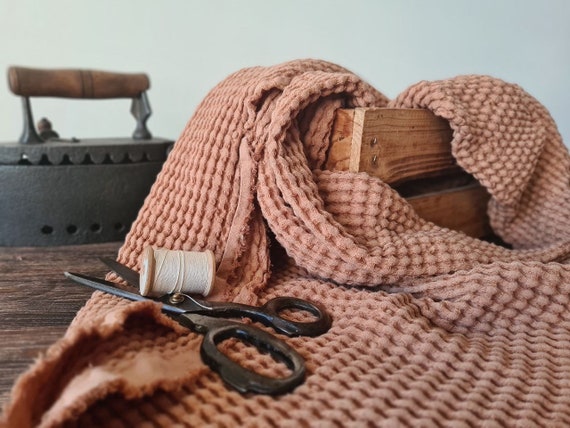 Waffle linen fabric clay brown, Fabric by the yard or meter, Washed softened flax cotton fabric