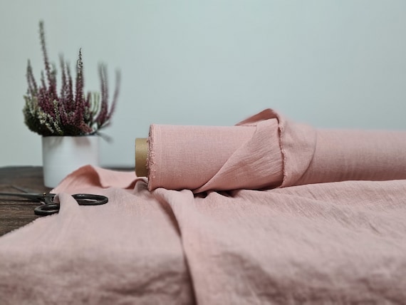 Linen fabric salmon pink, Fabric by the yard or meter, Organic washed flax fabric