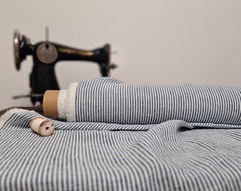 Linen fabric milk white with blue stripes, Natural linen lightweight fabric by the yard or meter, Striped flax fabrics