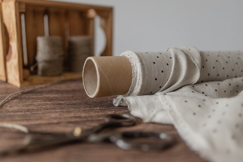 natural undyed with black dots linen fabric texture,  linen material for curtains and clothing, 145 cm wide (57 inches), medium weight, sold by length from 0.5 m or 0.5 yard