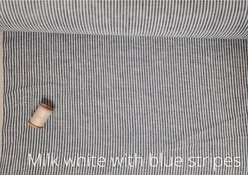 Linen fabric milk white with beige stripes, Natural linen lightweight fabric by the yard, Washed organic flax image 6