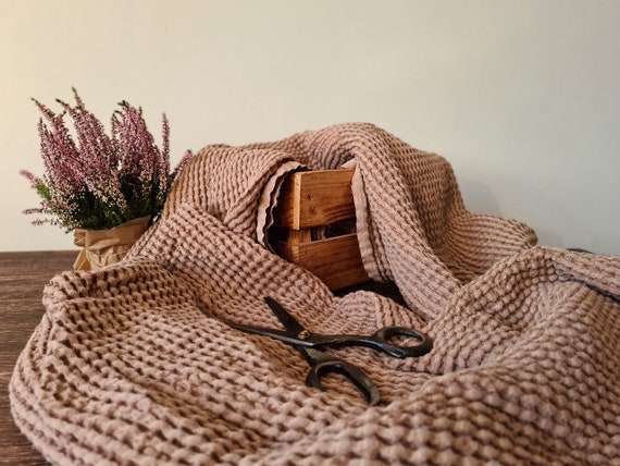 Waffle linen fabric light brown, Fabric by the yard or meter, Washed softened flax cotton fabric