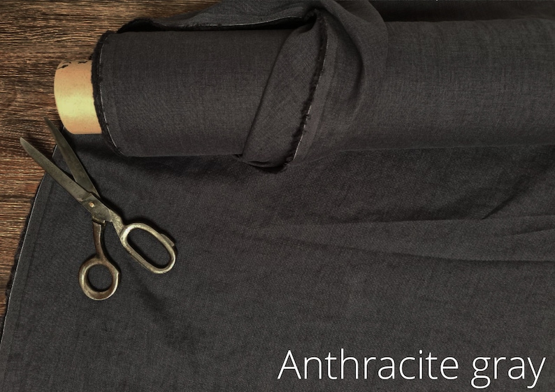 Linen fabric Black, Washed softened linen fabric Fabric by the yard or meter Anthracite Gray