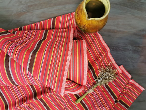 Striped linen fabric, Red linen fabric, Fabric by the yard, Blend linen fabric, Linen cotton fabric