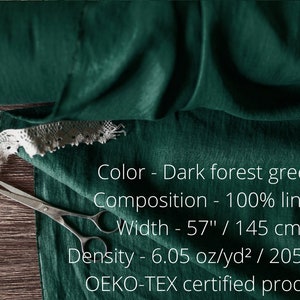 Linen fabric dark forest green, Fabric by the yard or meter, Washed softened flax fabric image 2