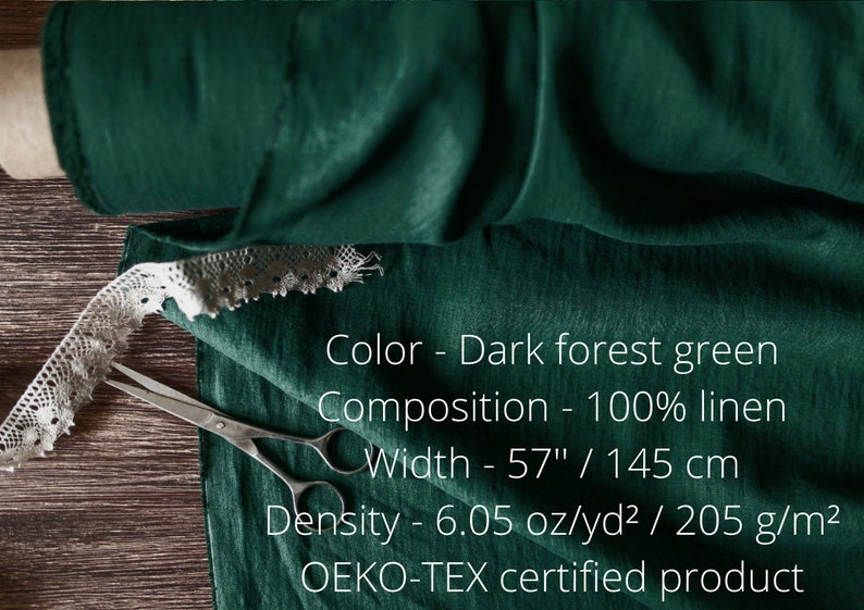 Linen fabric dark forest green, Fabric by the yard or meter, Washed softened flax fabric image 2