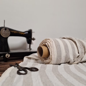 Linen fabric heavy weight milk white with beige stripes, Thick fabric by the yard or meter, Washed organic flax