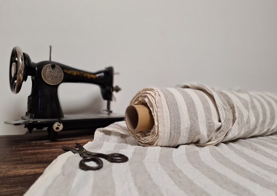Linen fabric heavy weight milk white with beige stripes, Thick fabric by the yard or meter, Washed organic flax