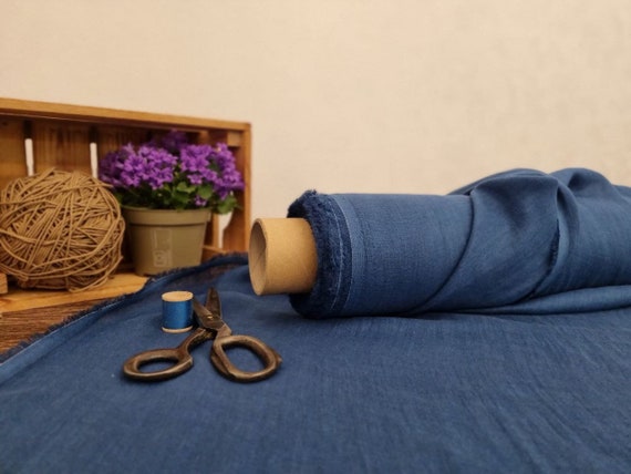 Ocean blue thin linen gauze fabric, Pure semi sheer linen fabric, Fabric by the yard or meter