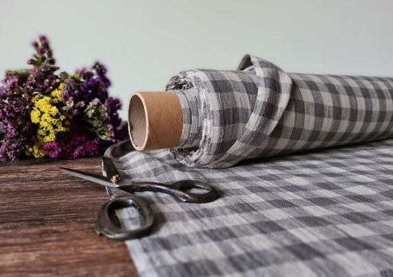 Linen fabric natural with gray checks, Linen fabric by the yard or meter, Checked flax for sewing