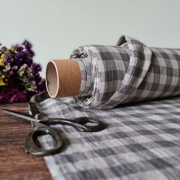 Tissu de lin naturel avec carreaux gris, Tissu de lin par verge ou mètre, Lin vérifié pour la couture