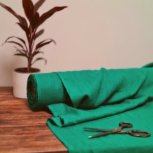 Tessuto di lino Verde pavone, Tessuto tagliato a misura o metro, Tessuto di lino lavato biologico immagine 1