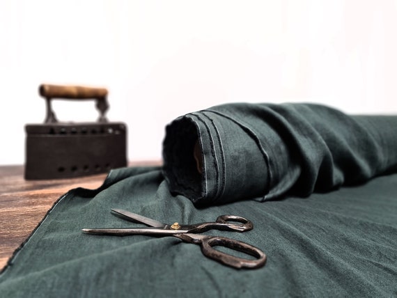 Linen fabric Dark pine green, Fabric by the yard or meter, Organic washed flax fabric