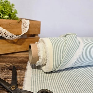Tessuto di lino bianco latte con strisce verde chiaro, Tessuto leggero di lino naturale tagliato su misura, Lino biologico lavato