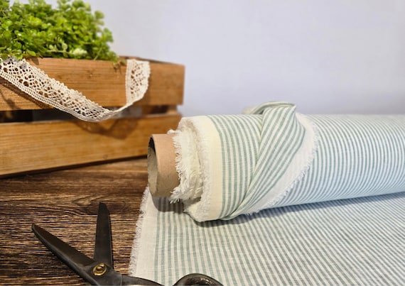 Linen fabric milk white with light green stripes, Natural linen lightweight fabric by the yard, Washed  organic flax
