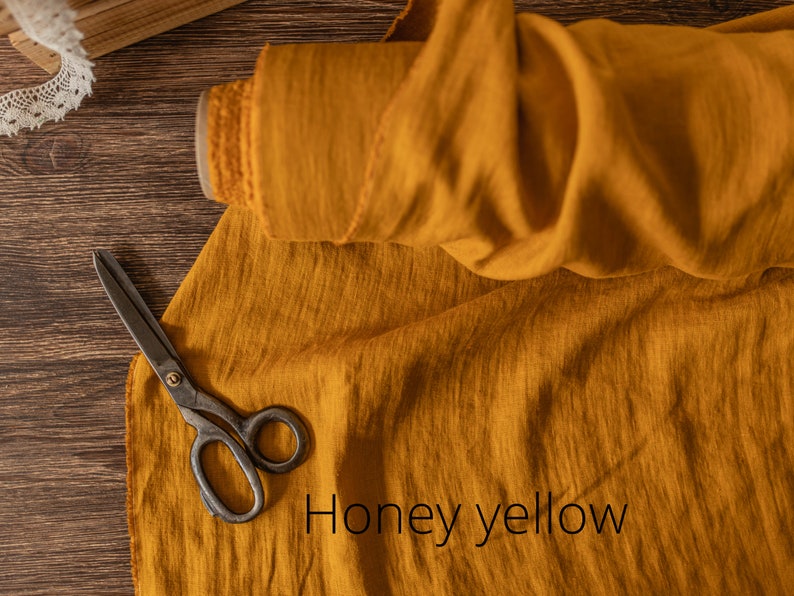 Linnen stof zonnig geel, Stof op maat of meter geknipt, Verzachte zuivere vlasstof Honey yellow