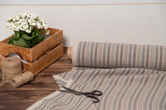 Natural with Blue and gray striped linen fabric, Natural fabric by the yard or meter, Washed flax sewing fabrics