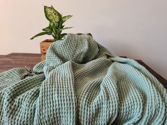 Waffle linen fabric lagoon green, Fabric by the yard or meter, Washed softened flax fabric