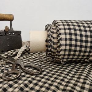 Linen fabric black with sand beige checks, Linen fabric by the yard or meter, Checked flax for sewing zdjęcie 4