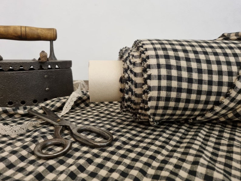 Linen fabric black with sand beige checks, Linen fabric by the yard or meter, Checked flax for sewing zdjęcie 4