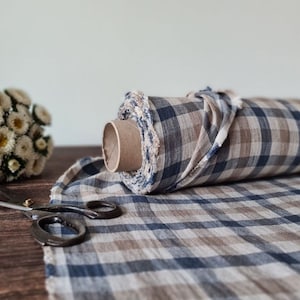 Linen fabric blue beige natural checks, Linen fabric by the yard or meter, Checked flax for sewing
