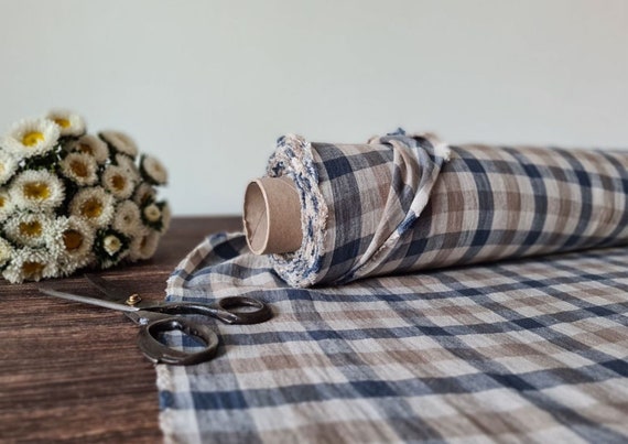 Linen fabric blue beige natural checks, Linen fabric by the yard or meter, Checked flax for sewing