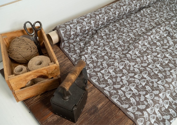 Grayish brown linen fabric with white ginkgo leaves print by yard or meter medium weight 205 gsm 57 inch wide oeko tex