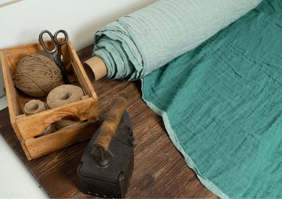 Double sided green linen cotton fabric by yard or meter 190 gsm soft washed 74 linen 26 cotton for sewing clothing curtains