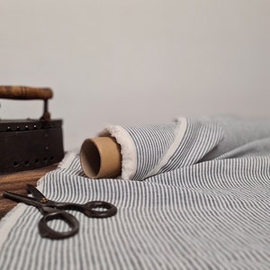Linen fabric milk white with black stripes, Natural linen lightweight fabric by the yard or meter, Striped flax fabrics