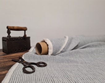 Linen fabric milk white with black stripes, Natural linen lightweight fabric by the yard or meter, Striped flax fabrics