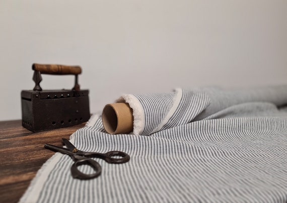 Linen fabric milk white with black stripes, Natural linen lightweight fabric by the yard or meter, Striped flax fabrics