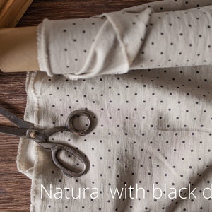 Linen fabric steel blue with dots, Fabric by the yard or meter, Softened washed linen fabric Natural - black dots