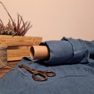 Steel blue linen fabric, Fabric by the yard or meter, Softened pre washed flax fabric