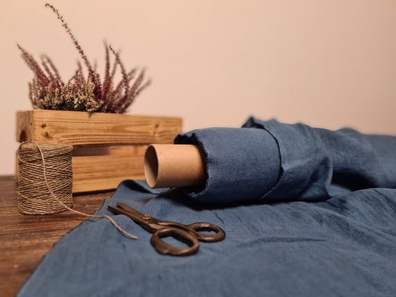 Steel blue linen fabric, Fabric by the yard or meter, Softened pre washed flax fabric