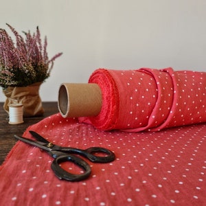 Linen fabric coral pink with dots, Fabric by the yard or meter, Softened washed linen fabric